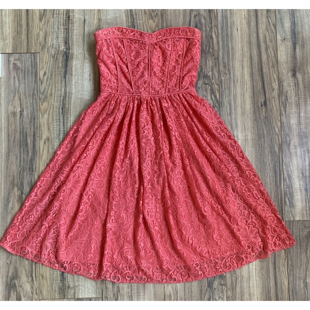 Eva Mendes Strapless Summer Dress Fit and Flare Coral Pink Floral Lace Size 4
